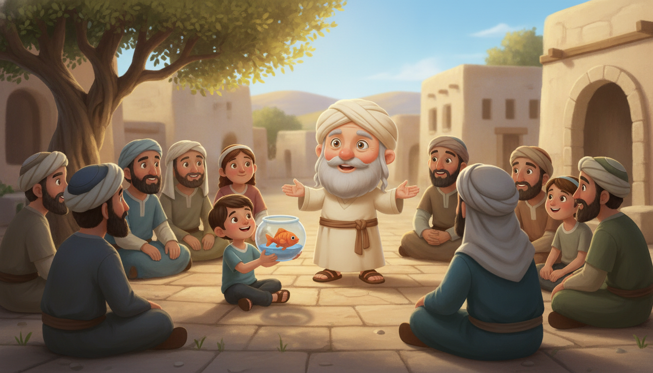 רבי עקיבא מלמד בציבור את משל הדג — דג לא יכול לחיות בלי מים כמו יהודי בלי תורה — איור לסיפור ילדים