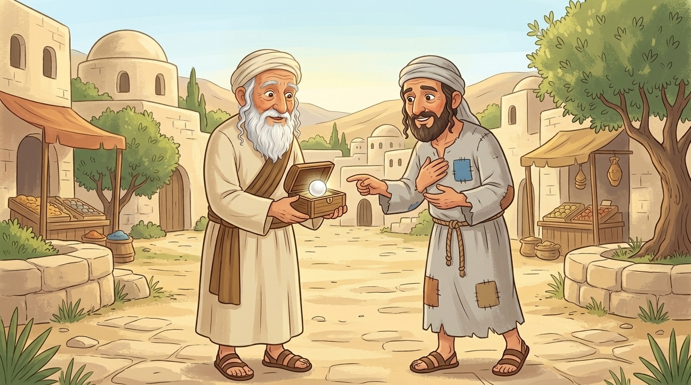האיש בבגדים הקרועים ניגש אל רבי עקיבא בשוק ומבקש לקנות את המרגלית — איור לסיפור ילדים
