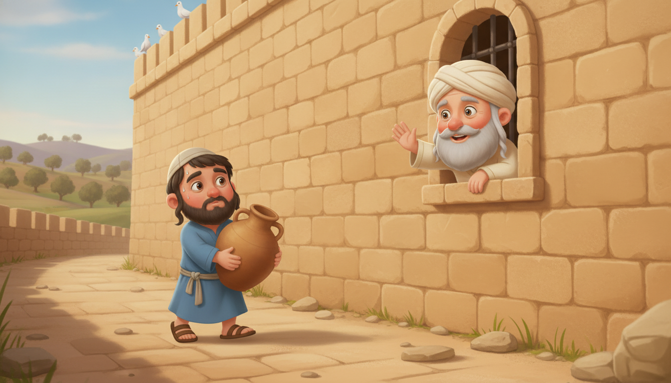 יהושע התלמיד סוחב כד מים כבד אל בית האסורים ורבי עקיבא מנופף לו מהחלון — איור לסיפור ילדים