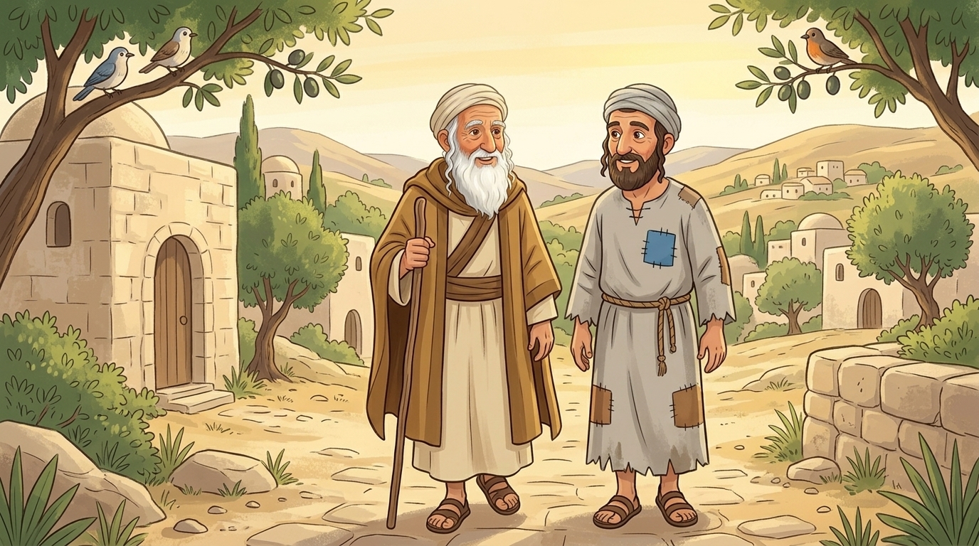 רבי עקיבא והאיש צועדים יחד בדרך עפר בין עצי זית — איור לסיפור ילדים