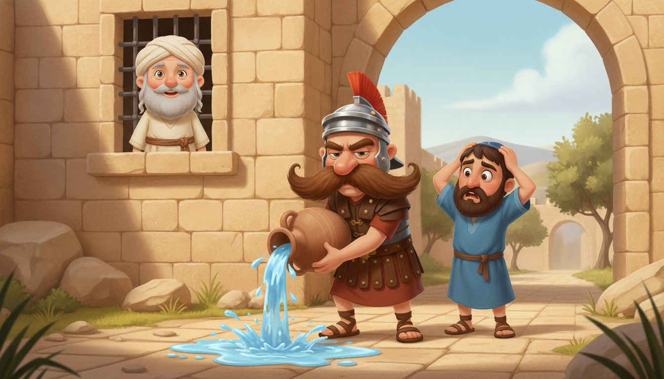 השומר הרומאי החשדן שופך חצי מכד המים ויהושע נבהל — איור לסיפור ילדים