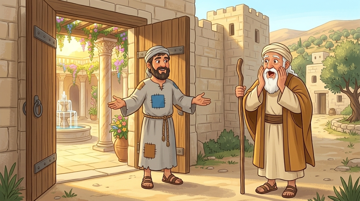 האיש דופק על שער ענק והשער נפתח אל ארמון מפואר — רבי עקיבא פוער את הפה — איור לסיפור ילדים