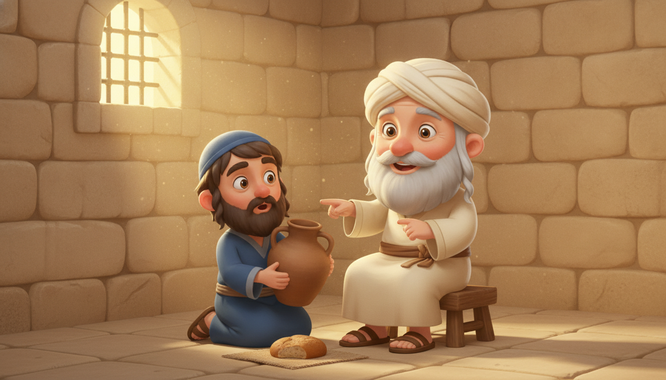 רבי עקיבא מבקש בעדינות את המים שנותרו לנטילת ידיים ויהושע פוער עיניים — איור לסיפור ילדים