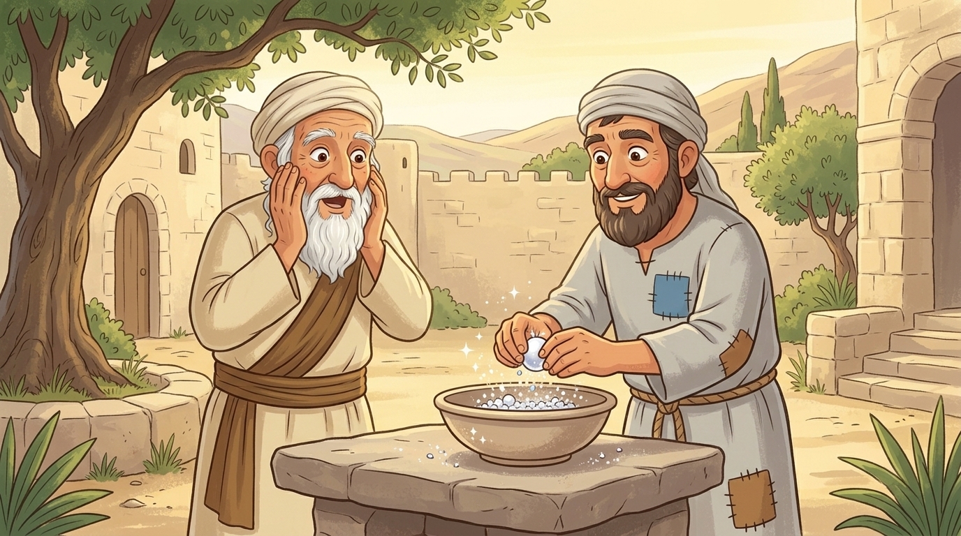 העשיר הנסתר כותש את המרגלית הנוצצת בקערה רחבה ורבי עקיבא לא מאמין — איור לסיפור ילדים