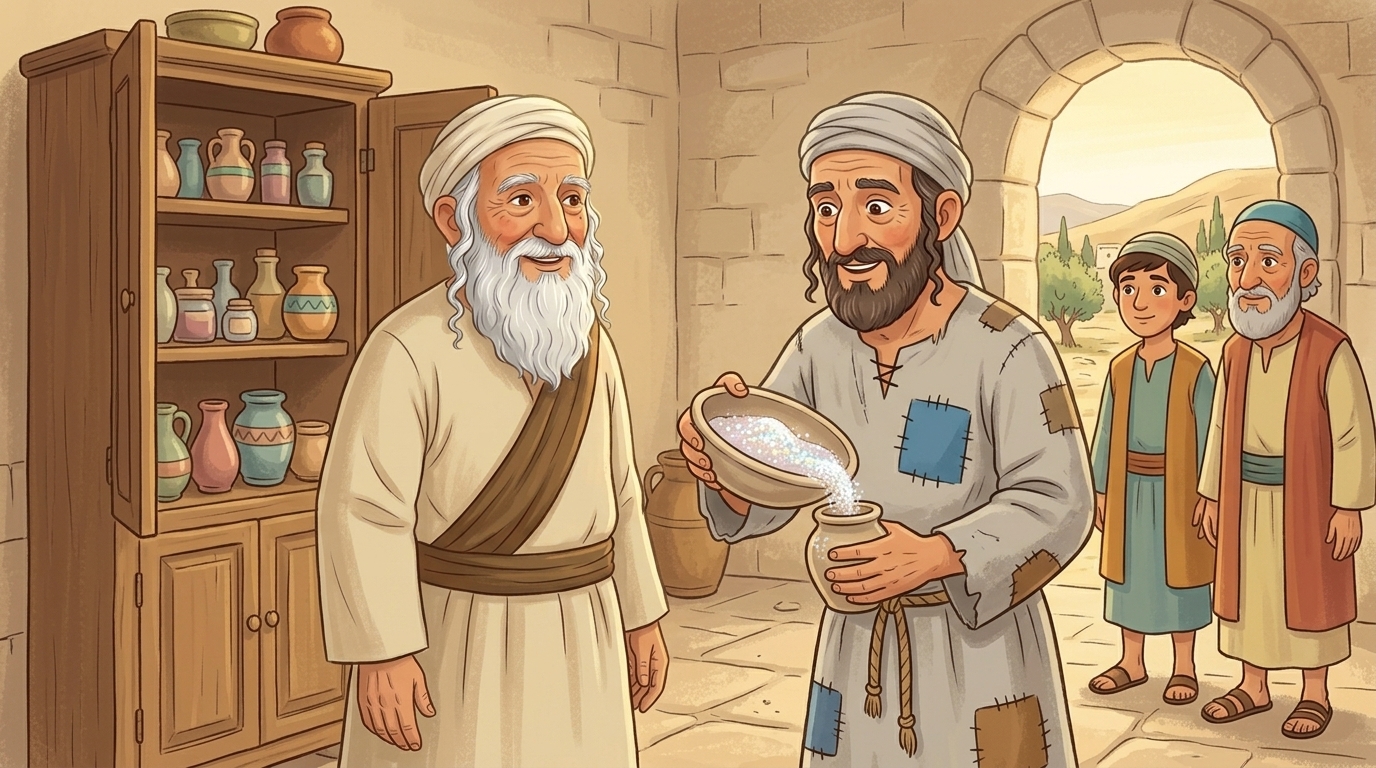 העשיר מסביר ליד ארון התרופות: אבקת המרגליות תהיה תרופה לאנשים חולים — איור לסיפור ילדים