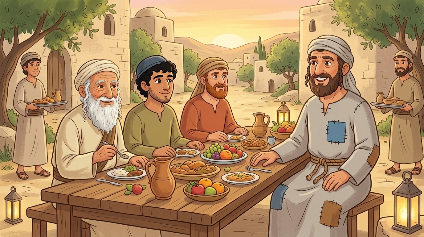 סעודת מלכים בארמון — רבי עקיבא ותלמידיו סועדים בשולחן עמוס כל טוב — איור לסיפור ילדים