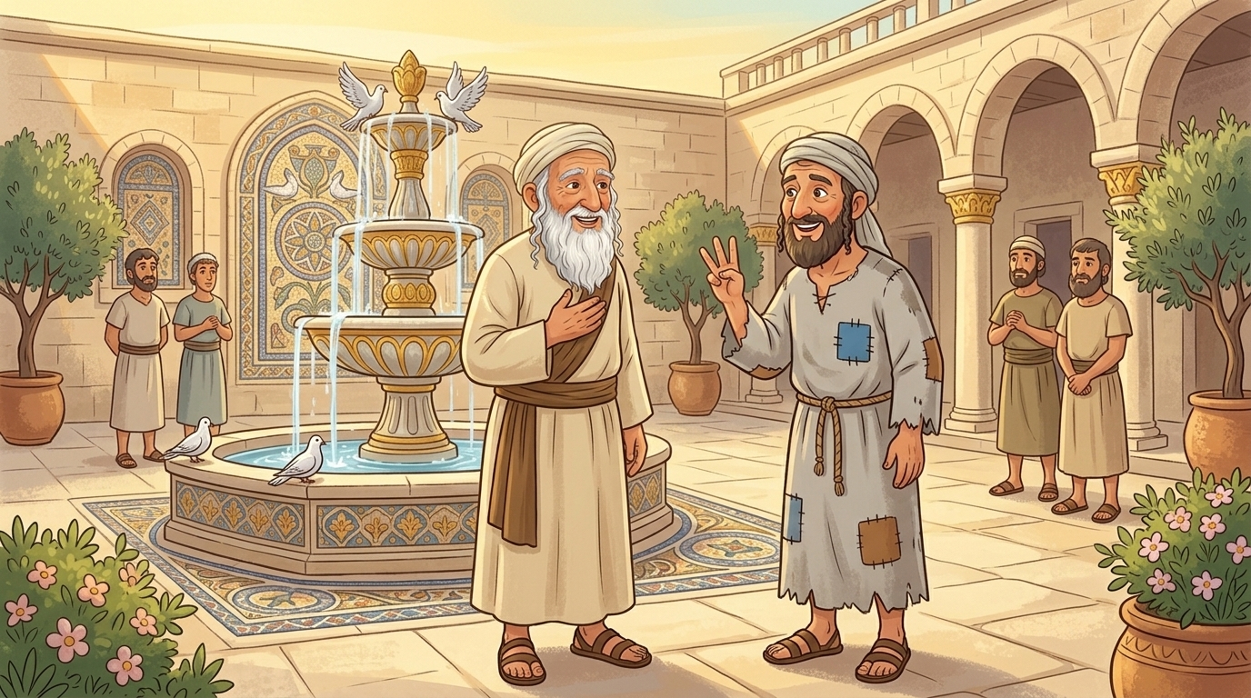 העשיר מסביר בהתלהבות את שלוש התשובות החכמות על ענווה ורבי עקיבא מקשיב נרגש — איור לסיפור ילדים